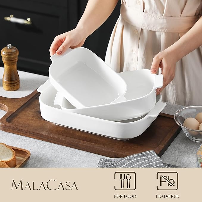 MALACASA Casserole Dishes for Oven, Porcelain Baking Dishes Set of 3, Durable Casserole Dish Set Lasagna Pan Deep, Ceramic Bakeware Sets with Handles, White (13.8''/11.7''/9.4''), Series Bake