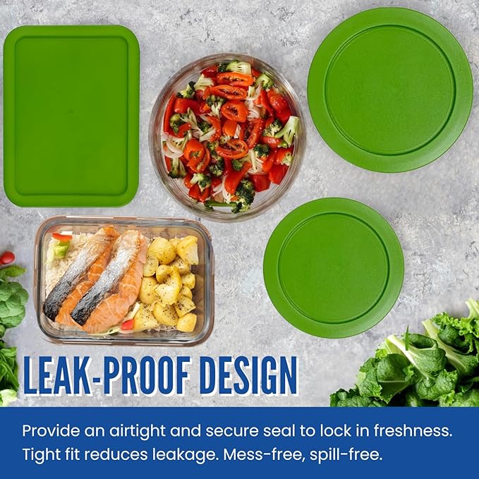 Replacement Lids for Pyrex Glass Food Storage Containers Rectangular (1) 1-Cup (2) 2-Cup (2) 4-Cup (1) 7-Cup (2) 3-Cup (1) 6-Cup Round Rectangle (Green)