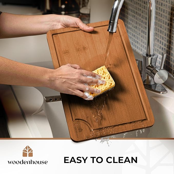 Wood Cutting Boards Set of 3 – Thick & Sturdy Bamboo Cutting Board with Deep Juice Grooves & Build-in Handles, Large Surface, Easy to Clean – for Meat, Vegetables and Fruits
