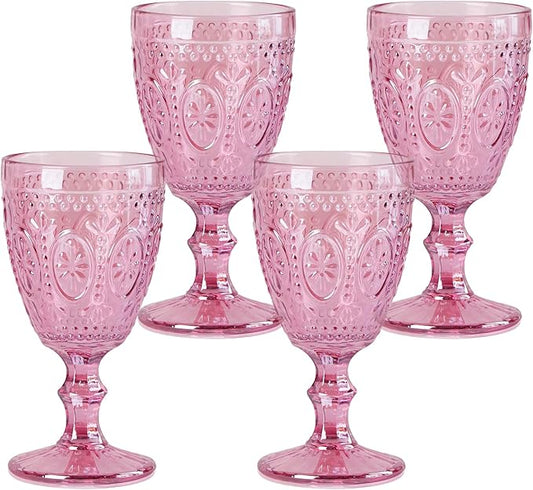 Pink Wine Glasses set of 4, Pink Goblets, Vintage Drinking Glassware, Colored Glassware Set for Party Home Wedding Baby Shower