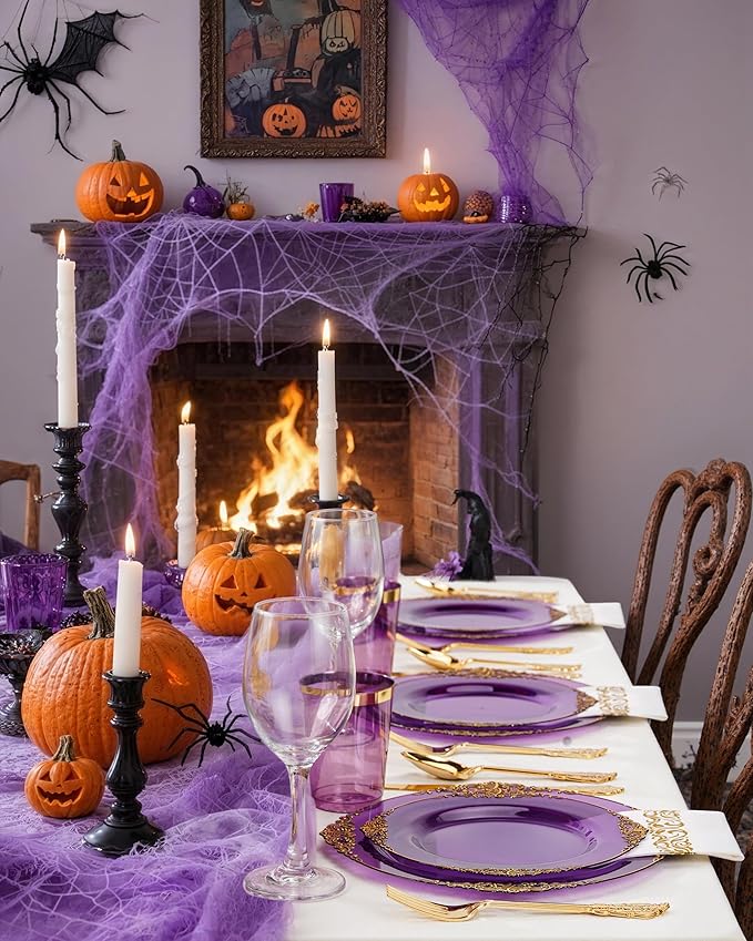 Nervure 350PCS Purple Plastic Plates - Purple Plastic Dinnerware Sets for 50 Guests - 100 Disposable Plates, 150 Gold Silverware, 50 Cups, 50 Napkins for Wedding & Party