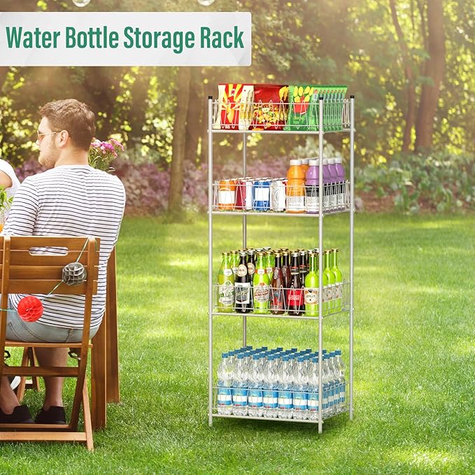 smusei 4 Tier Water Bottle Storage Rack Metal Water Bottle Organizer for Floor, Free Standing Bottled Water Holder Stand Beverage Pantry Drink Shelf Dispenser for Kitchen Pantry