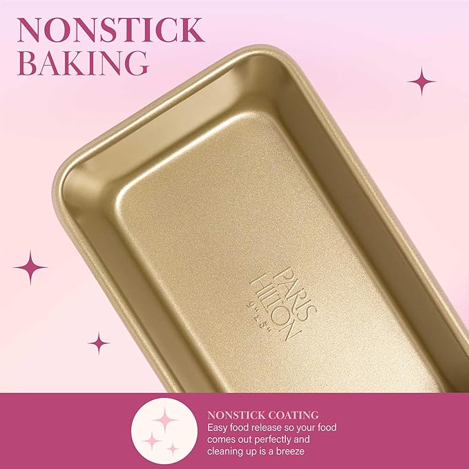 Paris Hilton Nonstick Carbon Steel Bakeware Collection, 9-Inch x 5-Inch Loaf Pan, Dishwasher Safe, Made without PFOA and PFAS, Pink Champagne Two-Tone