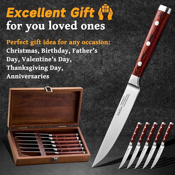AmHoo Steak Knives Set of 6 Non Serrated 4.8-inch German High Carbon Stainless Steel Ultra Sharp Handle Pakkawood with Gift Wooden Box