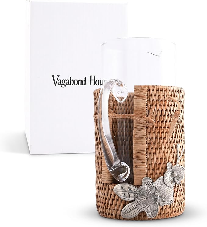Vagabond House Orchid Adorned Glass Carafe, Lightweight & Durable, Tropical Rattan Wicker Design, Dishwasher Safe, Perfect Table Centerpiece, Ideal Ice Tea Pitcher for Hot or Cold Beverages