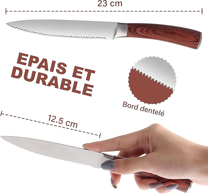 Pakkawood Steak Knives Set of 6, 6PCS Set of Stainless Steel Serrated Steak Knives with Pakka Wood Handle, Fine Edge Dinner Knife Set with Gift Box for Home Party