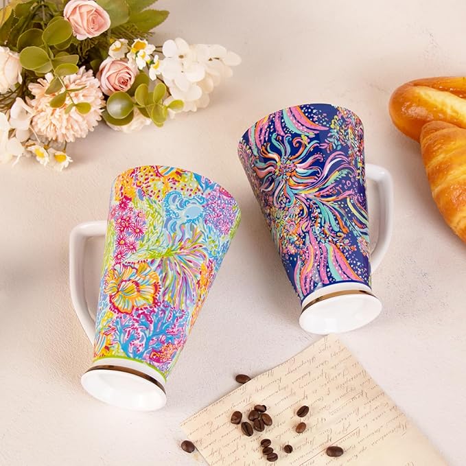 KAMMAK Ceramic Coffee Mugs 17 oz Tall Porcelain Coffee Cups Set of 2 Large Tea Mugs with Handle Vintage Tea Cups Cappuccino Mug for Latte, Espresso, Americano, breakfast cereal, Hot Cocoa, Drinks