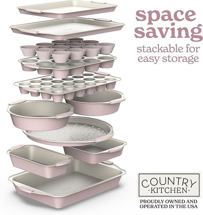 Country Kitchen Nonstick Stackable Bakeware Set - Durable, Easy Release Baking Set- 22 Pc. Includes Silicone Muffin Cups
