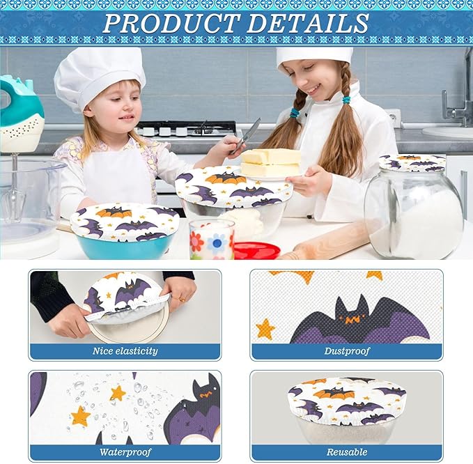 5 Pcs Bowl Covers Reusable in 5 Size Elastic Food Cover Cloth Lids Fresh Keeping Dish Cookware Bakeware Fabric Covers Lids for Food Leftovers Fruits Storage White Halloween Bats and Stars