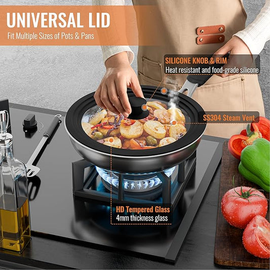 Universal Lids for Pots, Pans and Skillets, 7", 8" and 9" Pan Lid, Tempered Glass Pot Lid with Silicone Rim Heat Resistant, Replacement Pan Cover for Frying, Cookware & Bakeware Lids, Black