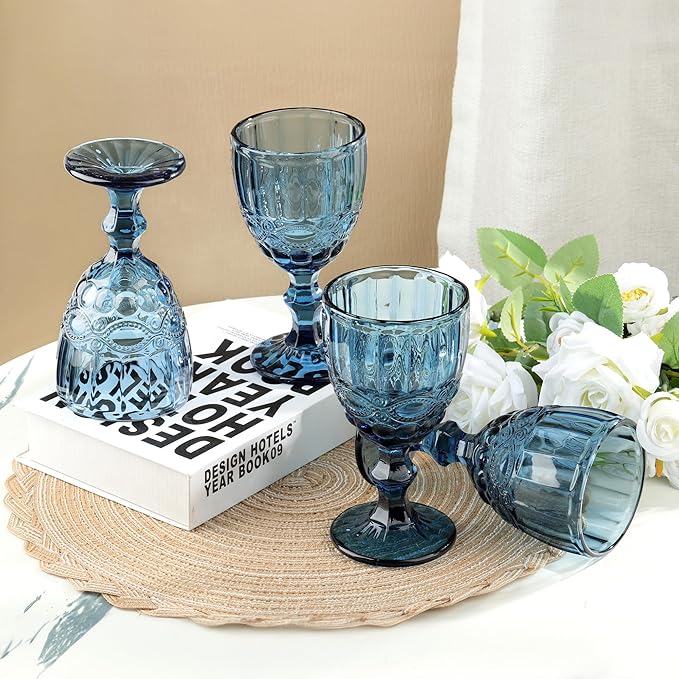 Joeyan Blue Vintage Wine Glasses,Clear Water Goblet Glasses,Stemmed Drinking Glasses with Embossed Pattern,Colored Glassware Set for Wedding Party Banquet Feast,10 oz,Set of 4,Dishwasher Safe