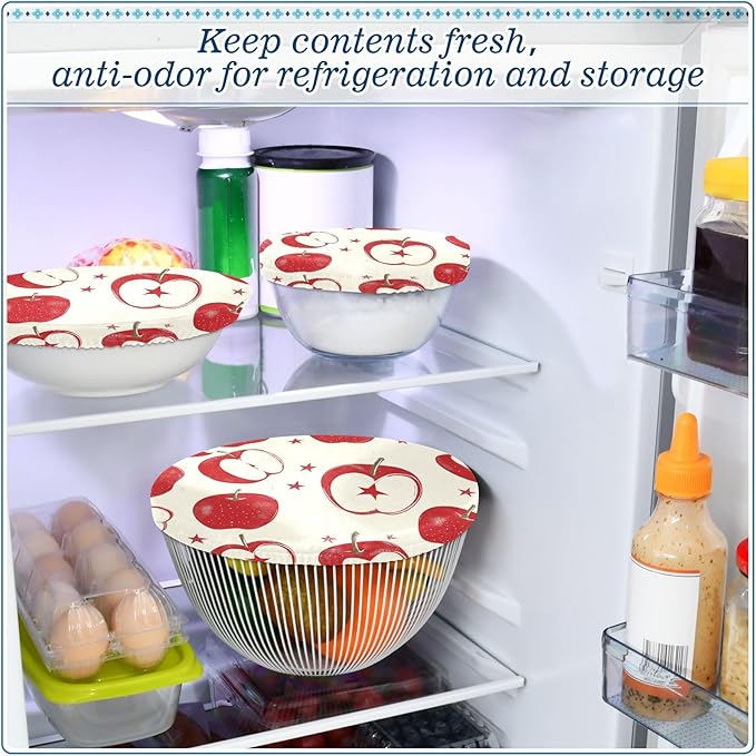 5 Pcs Bowl Covers Reusable in 5 Size Elastic Food Cover Cloth Lids Fresh Keeping Dish Cookware Bakeware Fabric Covers Lids for Food Leftovers Fruits Storage Red Apple Stars