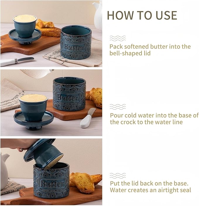 Ceramic Butter Crock with Lid, French Butter Dish with Water Line for Countertop, Butter Keeper for Spreadable Butter, Container Holder for Kitchen and Home Decor, 6.7 OZ, Vintage Blue