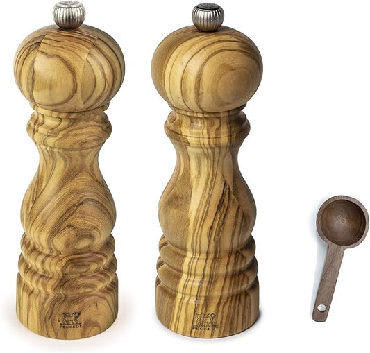 Peugeot Paris Olivier Salt & Pepper Mill Gift Set Olive Wood - With Wooden Scoop (7 Inches)