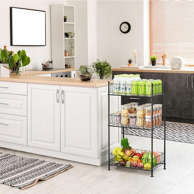 Water Bottle Organizer 3 Tier Water Bottle Holder Storage Rack Metal Drink Beverage Soda Can Organizer Shelf Stand for Floor Pantry Kitchen Classroom Food Storage, Black