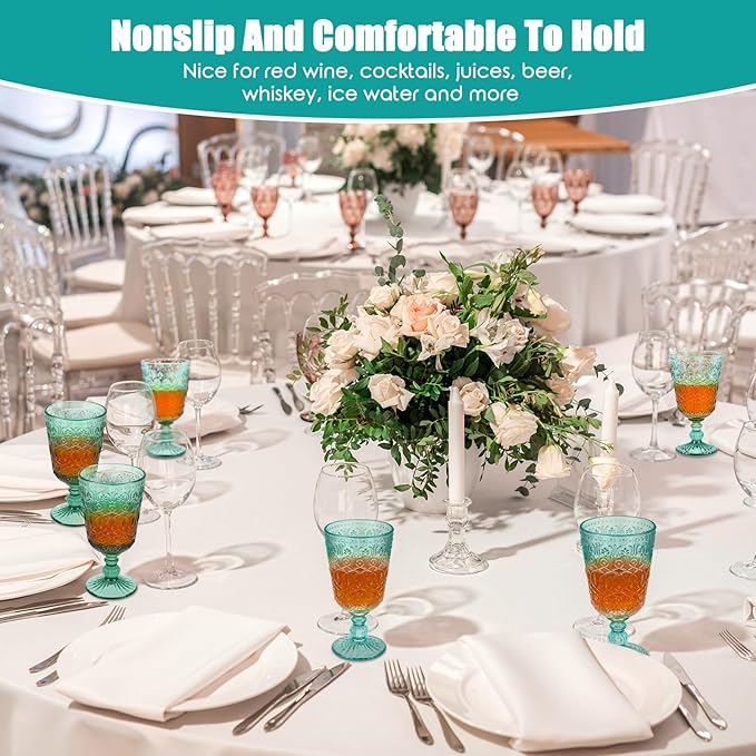 Eaasty Wine Glasses Set of 12 Vintage Goblet 9 oz Vintage Colored Glass Goblet Beverage Stemmed Glass Cups Romantic Embossed Glassware for Wedding Party Holidays Anniversary (Blue)