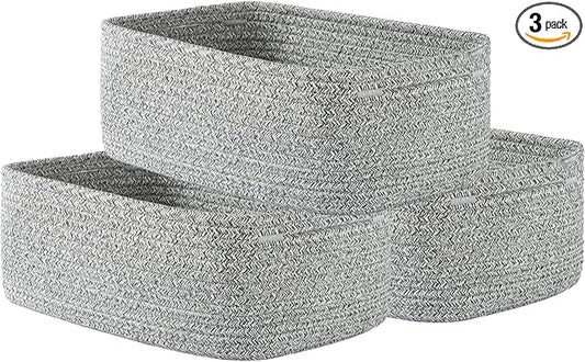 Small Woven Basket, 12 x 8 x 4.5 Inches, Storage Basket for Organizing, Cute Small Rope Shelf Closet Cube Storage Bins Baskets for Shelves, Dog Toy Gift Baskets Empty, 3 Packs, Mixed Grey