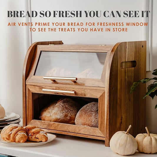 Arise Stylish Acacia Bread Box for Kitchen Countertop, Extra Large 2-Shelf Wooden Bread Storage Container with Clear Windows and Air Vents Keep Bread, Bagels and Rolls Fresh, Self Assembly