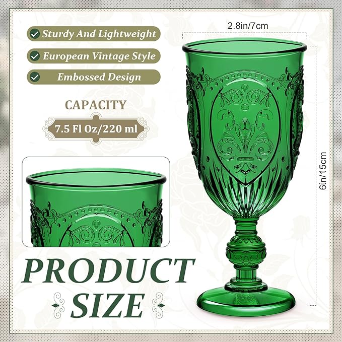 6 Pcs Plastic Goblets 7.5oz Vintage Goblet Plastic Wine Glasses Colored Retro Embossed Water Goblets for Wine Bar Juice Baby Shower Wedding Reception Grand Event Party (Dark Green)
