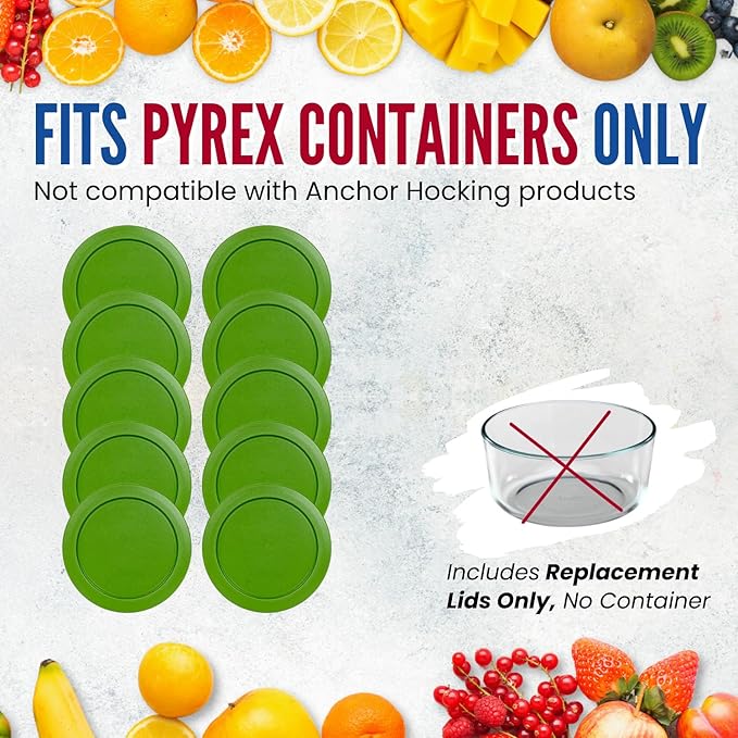 Replacement Lids for Pyrex 2-Cup Glass Food Storage Container Bowls, 5-Inch Plastic Round Lids Covers fits Pyrex 7200-PC, Airtight & Leakproof (10-Pack, Green)