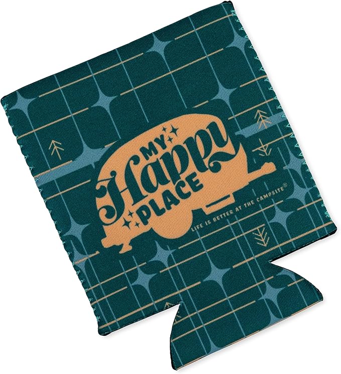 Camco Life is Better at The Campsite Can Holder | Keeps Your Beverage Cold | Fits 12 oz. Cans | Features a Green Grid My Happy Place Design (53480)