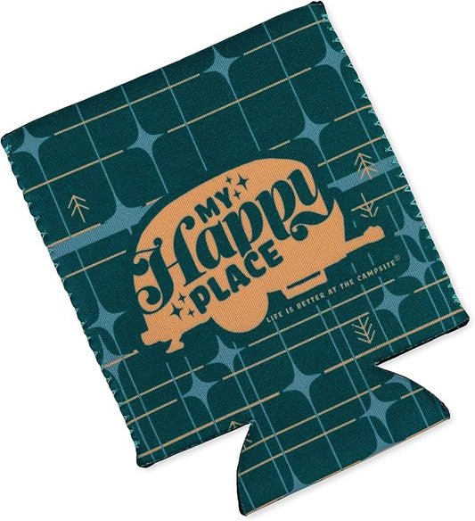 Camco Life is Better at The Campsite Can Holder | Keeps Your Beverage Cold | Fits 12 oz. Cans | Features a Green Grid My Happy Place Design (53480)