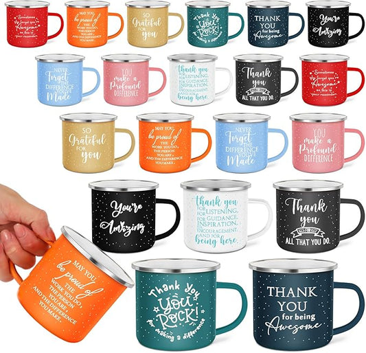 Wesiti 20 Pcs Thank You Gifts Mugs 12 oz Enamel Thank You Mug Coffee Mugs for Women Men Inspirational Employee Appreciation Mug for Teacher Coworker Volunteer Work Gift for Staff Business Favor(Boho)