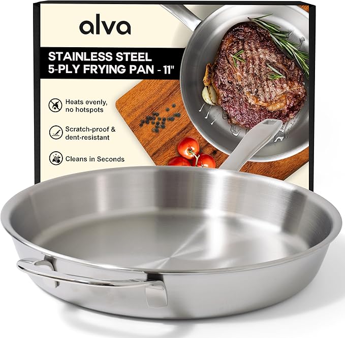 Alva Maestro 5-Ply Stainless Steel Frying Pan 11" - Oven Safe and Made without PFAS, PFOA & PTFE - Induction and All Stovetop Compatible with Even Heat Distribution