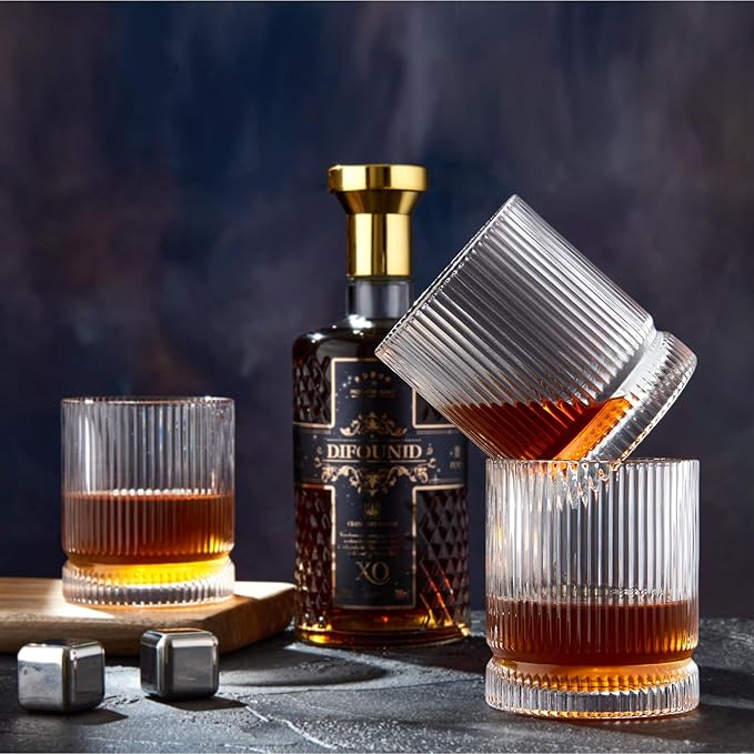 Ribbed Whiskey Glasses Set of 4, 12 Oz Lead-Free Crystal Heavy Base Barware Glass, Perfect for Bourbon Rocks Cocktail Scotch Drinking