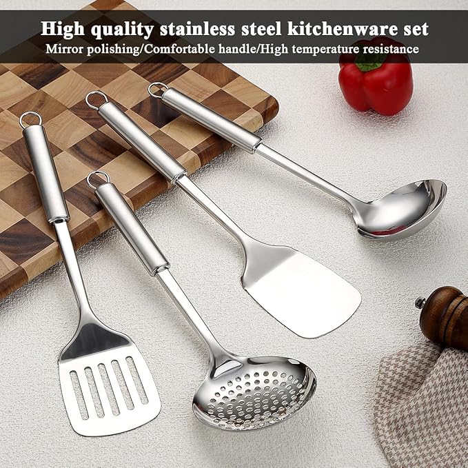 Stainless Steel Cooking Utensils Set 4 Pieces, Kitchen Tools Set Include Metal Spatula Set, Kitchen Skimmer, Soup Ladle, Kitchen Gadgets Essentials New Home Must Have