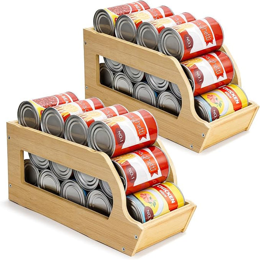 Bamboo Can Organizers and Storage for Pantry, Soda Can Organizer Beverage Drink Holders, Stackable Canned Goods Organizer Can Dispenser for Pantry, Kitchen, Cabinet (2 Pack)
