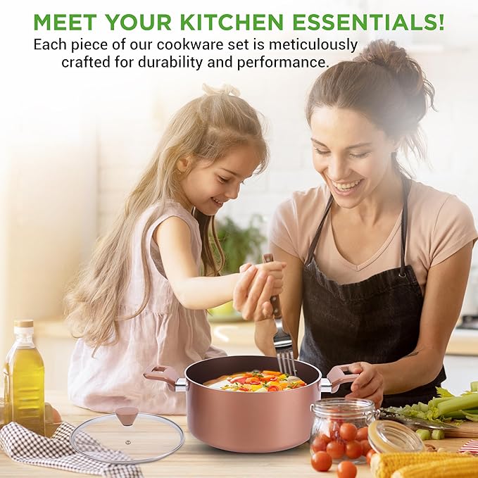 NutriChef 13-Piece Nonstick Kitchen Cookware Set-PTFE/PFOA/PFOS-Free Heat Resistant Kitchen Ware Pots Pan Set w/ Saucepan,Frying Pans,Cooking Pots,Casserole,Lids, Ladle,Fork, Strainer,Brown -NCCWA13BR