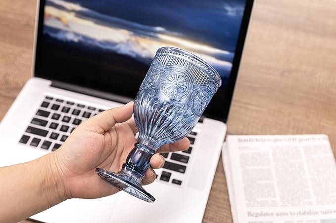 48 Pack Vintage Wine Glasses, Plastic Reusable 12 Ounce Colored Water Goblets, Unique Flower Embossed Pattern Unbreakable Stemmed Wine Glasses High Clear Wedding Party Bar Drinking Cups Blue