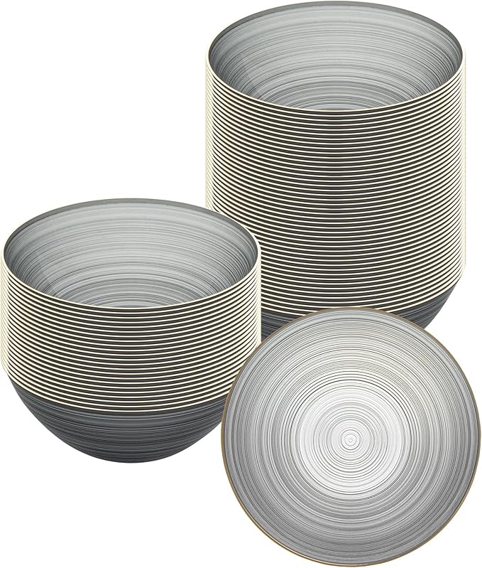 Restaurantware Plastic Bowls 100 Pcs 16 oz Gold Rimmed Disposable Soup Bowls Heavy-Duty Black Translucent Rippled Dinnerware Containers for Party, Desserts, Salads, Snacks, and Catering
