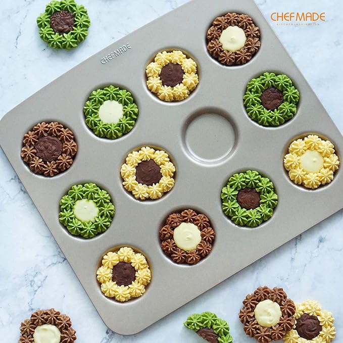 CHEFMADE Whoopie Cake Pan, 12-Cavity 2.2" Diameter Non-Stick Muffin Pan Whoopie Cookie Biscuit Bakeware for Oven Baking (Champagne Gold)