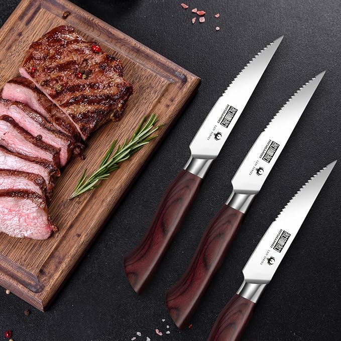 Steak Knife Set 8 Pieces, 4.5 Inch Super Sharp High Carbon Stainless Steel Steak Knife Set, Professional Premium Serrated Precise Cutting with Ergonomic Wood Handle