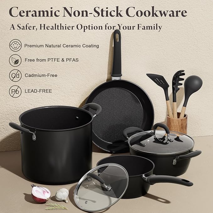 18 Pcs Pots and Pans Set Non Stick with 12-Quart Stock Pot, Nonstick Kitchen Cookware Sets with Utensils, Large Capacity Ceramic Cookware Set, PTFE/PFAS/PFOA Free, Black