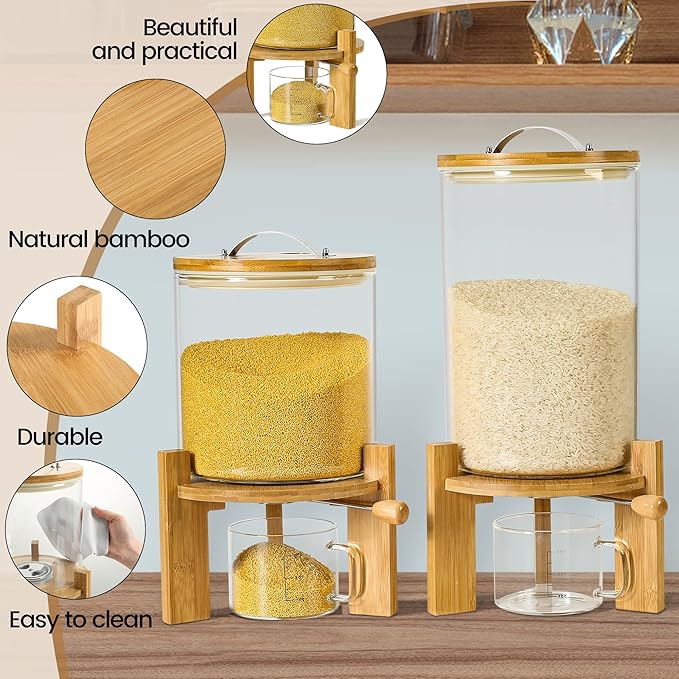 Rice Dispenser, Rice Storage Container：Flour and Cereal Container with Airtight Lid and Wooden Stand, Glass Food Storge Container for Kitchen Organization and Pantry Store (5L)