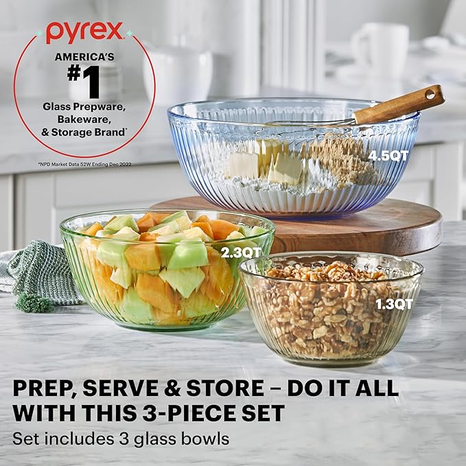 Pyrex Colors Tinted (3-Pack, Full Set) Sculpted Tinted Glass Mixing Bowls With Lids, Nesting Space Saving Set of Bowls For Prepping and Baking, 1.3QT, 2.3QT & 4.5Q