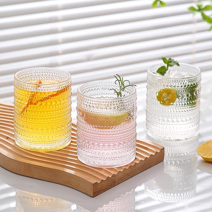 Vintage Hobnail Drinking Glasses Set of 8,Clear 12 oz & 15oz Highball Glass Cups, Kitchen Drinkware Glassware,Embossed Water Tumbler,for Beer,Cocktail,Whiskey,Juice and Various Mixed Drinks