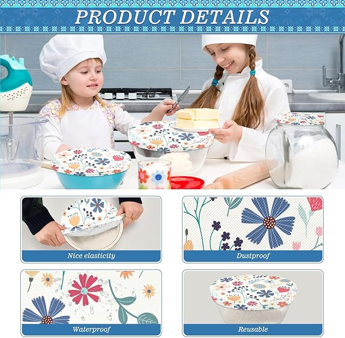 5 Pcs Bowl Covers Reusable in 5 Size Elastic Food Cover Cloth Lids Fresh Keeping Dish Cookware Bakeware Fabric Covers Lids for Food Leftovers Fruits Storage Flower Collection