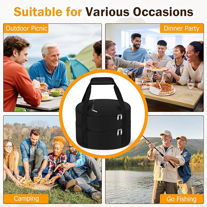 Round Double Insulated Casserole Carrier, Pie Carrier Bag, Portable Casserole Carrier for Hot or Cold Food Lunch Tote, Lunch Bag for Parties Picnic, Fits 12.5" Baking Dish, Black