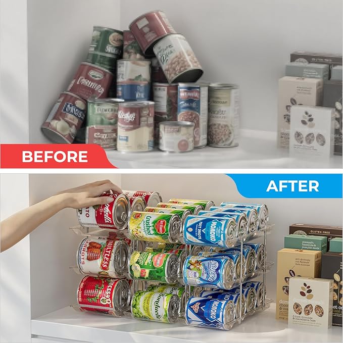 Stackable 3 Tiers Can Organizer Pantry, Canned Food Holder for Fridge Holds 36 Cans, Free Combination & Automatic Rolling, Space Saving Storage for Refrigerator Kitchen Pantry, Clear
