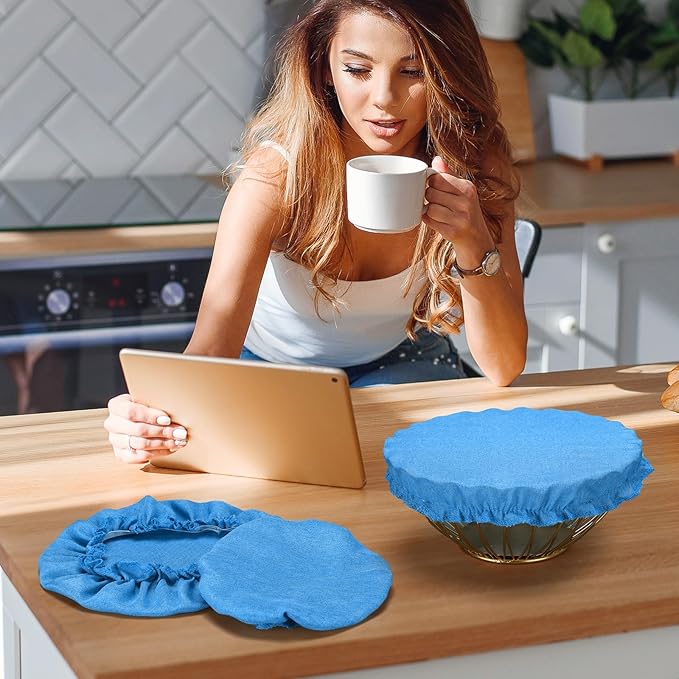 Patelai 10 Pcs Bowl Covers Reusable in 5 Size Stretch Cloth Fabric Elastic Food Storage Bowl Covers Bread Sourdough Lids for Proofing Food Fruits Leftover(Blue Style)