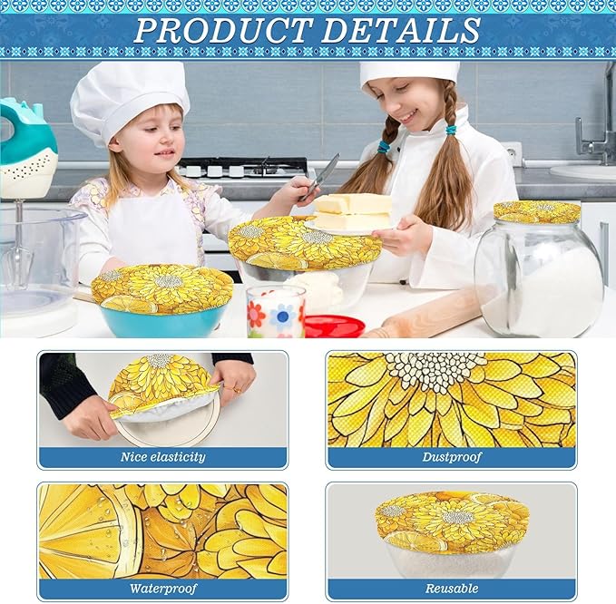 5 Pcs Bowl Covers Reusable in 5 Size Elastic Food Cover Cloth Lids Fresh Keeping Dish Cookware Bakeware Fabric Covers Lids for Food Leftovers Fruits Storage Cartoon Yellow Chrysanthemum Flo