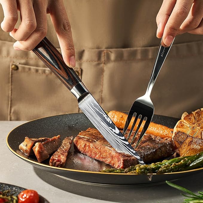 SENKEN Non-Serrated Steak Knife Set with Damascus Pattern - Razor Sharp Straight Edge Blade, Stainless Steel & Wood Handle (Steak Knives Set of 6)