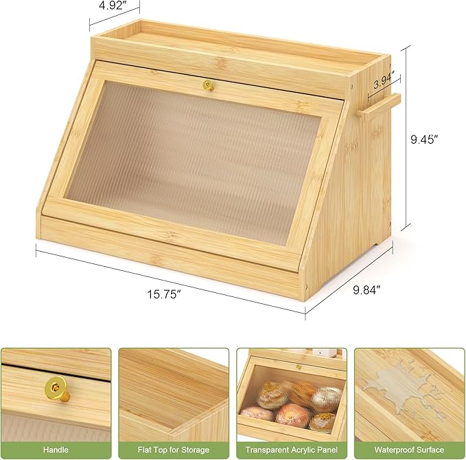 Bamboo Bread Box with Shelf for Kitchen Counter-Large Capacity Bread Storage Container with Wavy Arcylic Transparent Door Bamboo Wooden Farmhouse Bread Box for Your House (Nature)