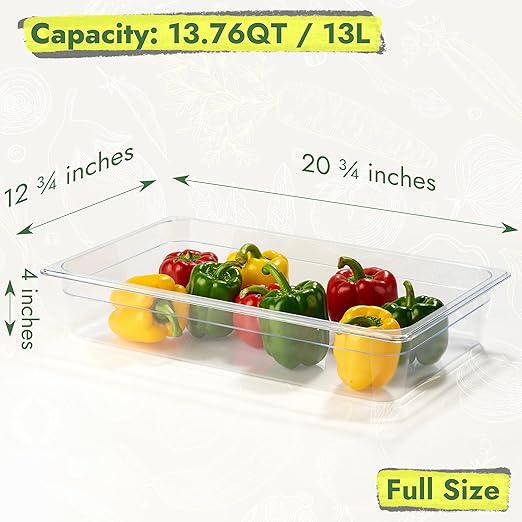 CURTA 4-Pack Full Size 4" Deep NSF Polycarbonate Food Pans with Handled Lids & Drain Trays | Dishwasher & Freezer Safe Clear Container for Prep Tables, Buffet, Salad Bar, Commercial Kitchen