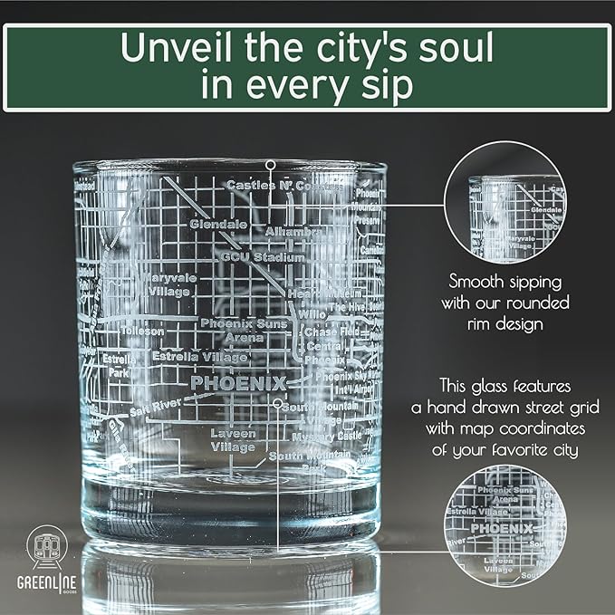 Greenline Goods Whiskey Glasses - 10 Oz Tumbler Gift Set for Phoenix lovers, Etched with Phoenix Map Old Fashioned Rocks Glass - Set of 2