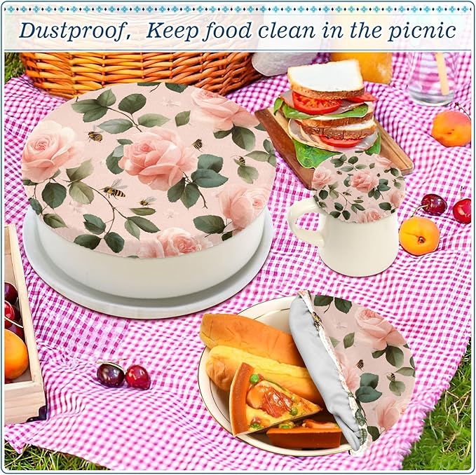 5 Pcs Bowl Covers Reusable in 5 Size Elastic Food Cover Cloth Lids Fresh Keeping Dish Cookware Bakeware Fabric Covers Lids for Food Leftovers Fruits Storage Pastel Pink Rose and Honeybees